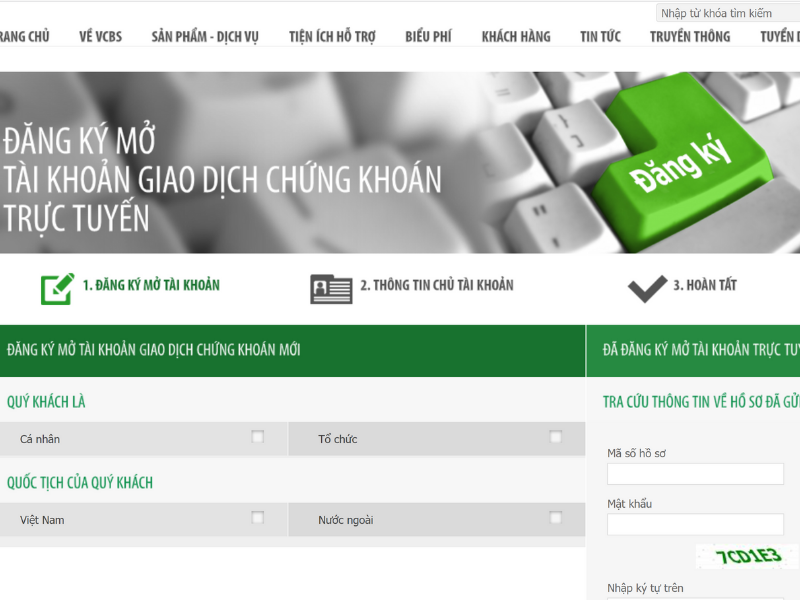 Giao diện hướng dẫn cách mở tài khoản chứng khoán Vietcombank VCBS online