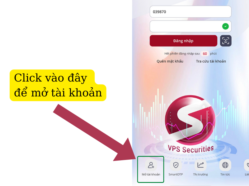 Click mở tài khoản chứng khoán VPS trên App VPS Smartone