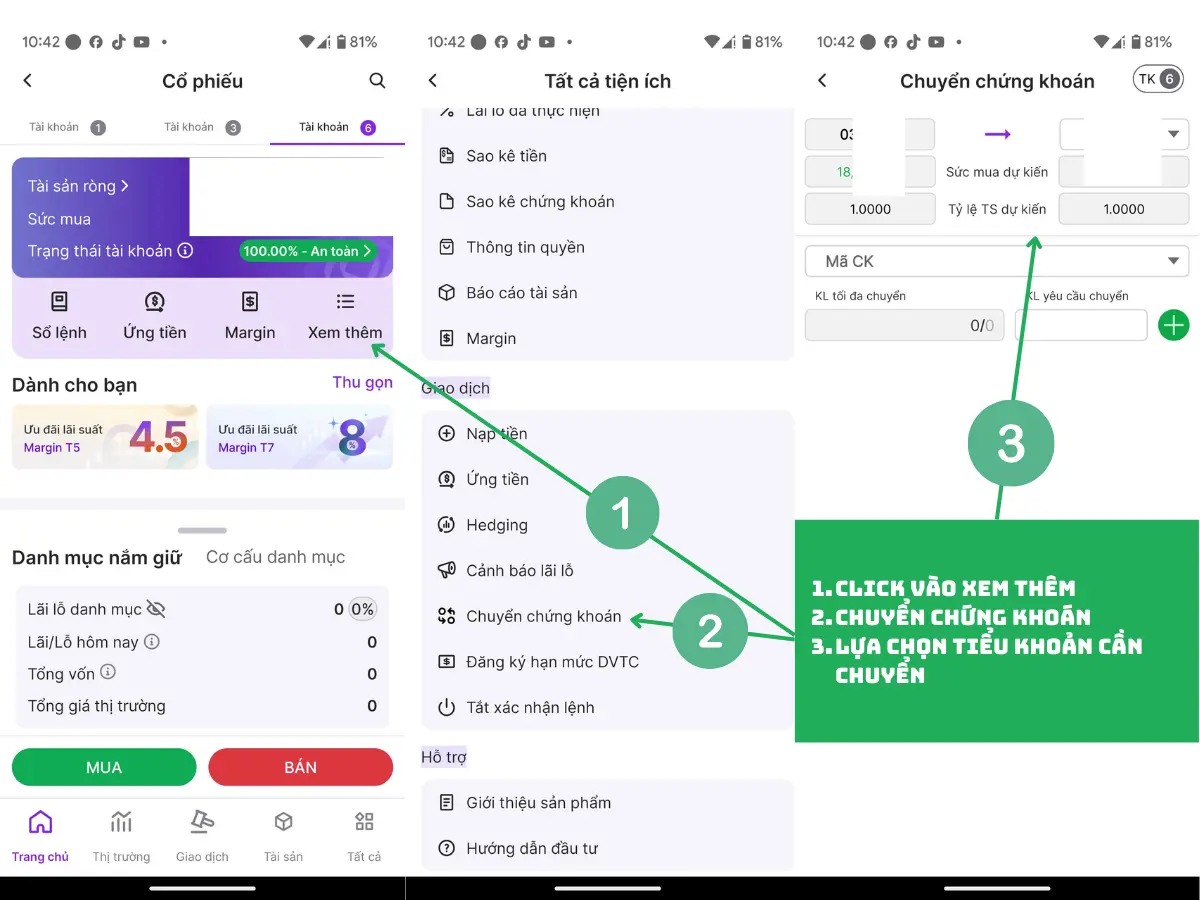 Cách chuyển cổ phiếu sang tiểu khoản VPS với giao diện App điện thoại VPS Smartone Mobile