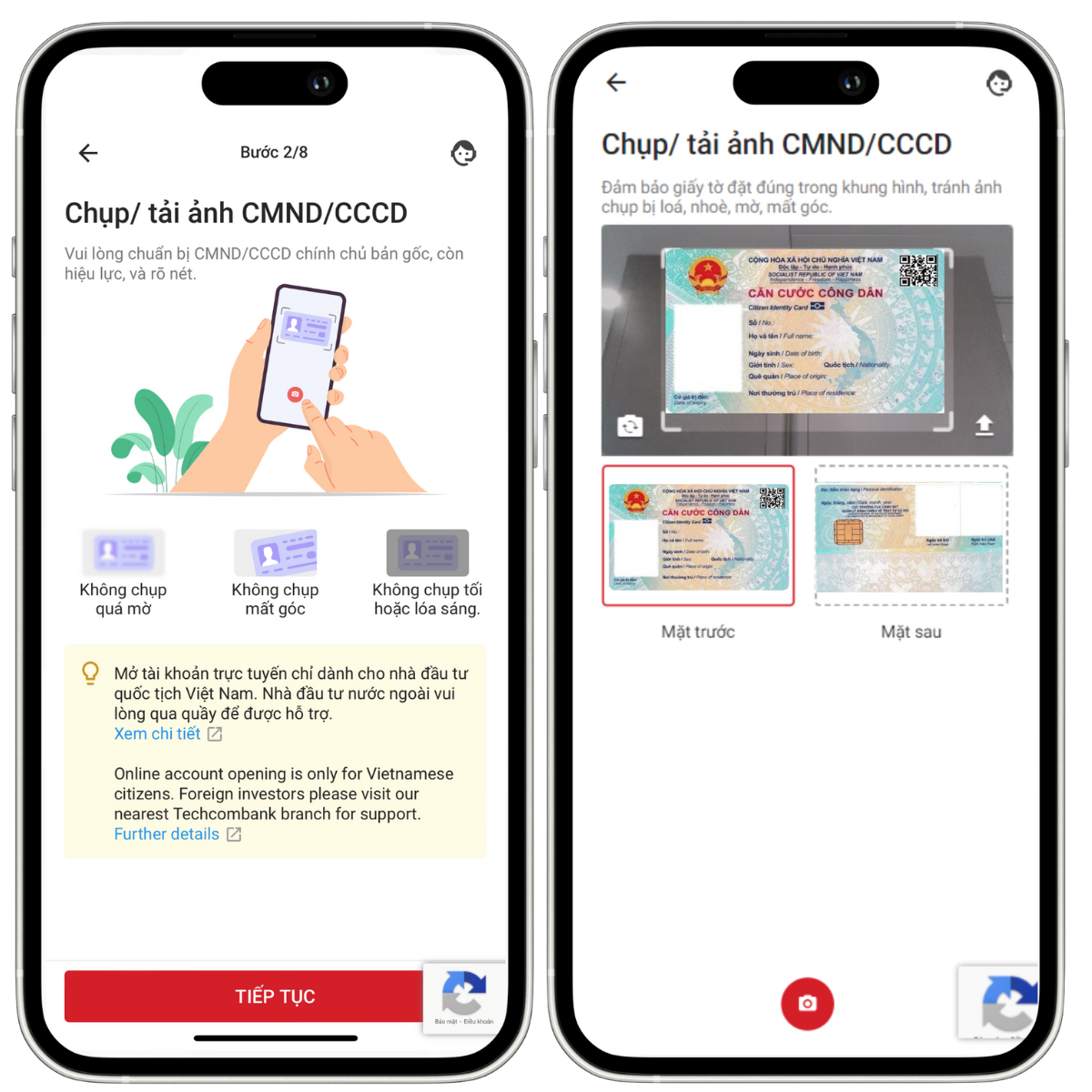 Chụp ảnh và tải căn cước công dân để mở tài khoản chứng khoán TCBS