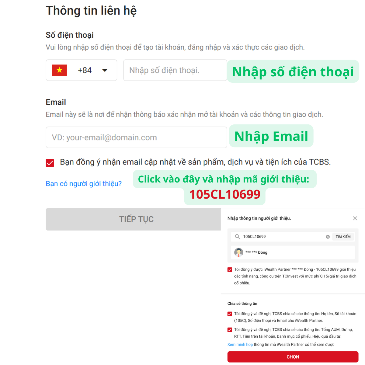 Điền mã người giới thiệu 105CL10699 TCBS