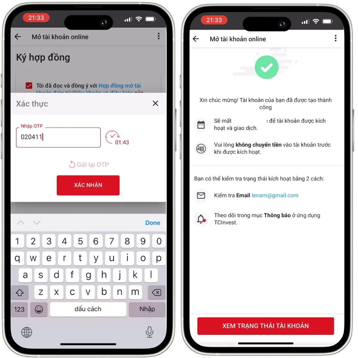 Nhập mã otp mở tài khoản chứng khoán TCBS