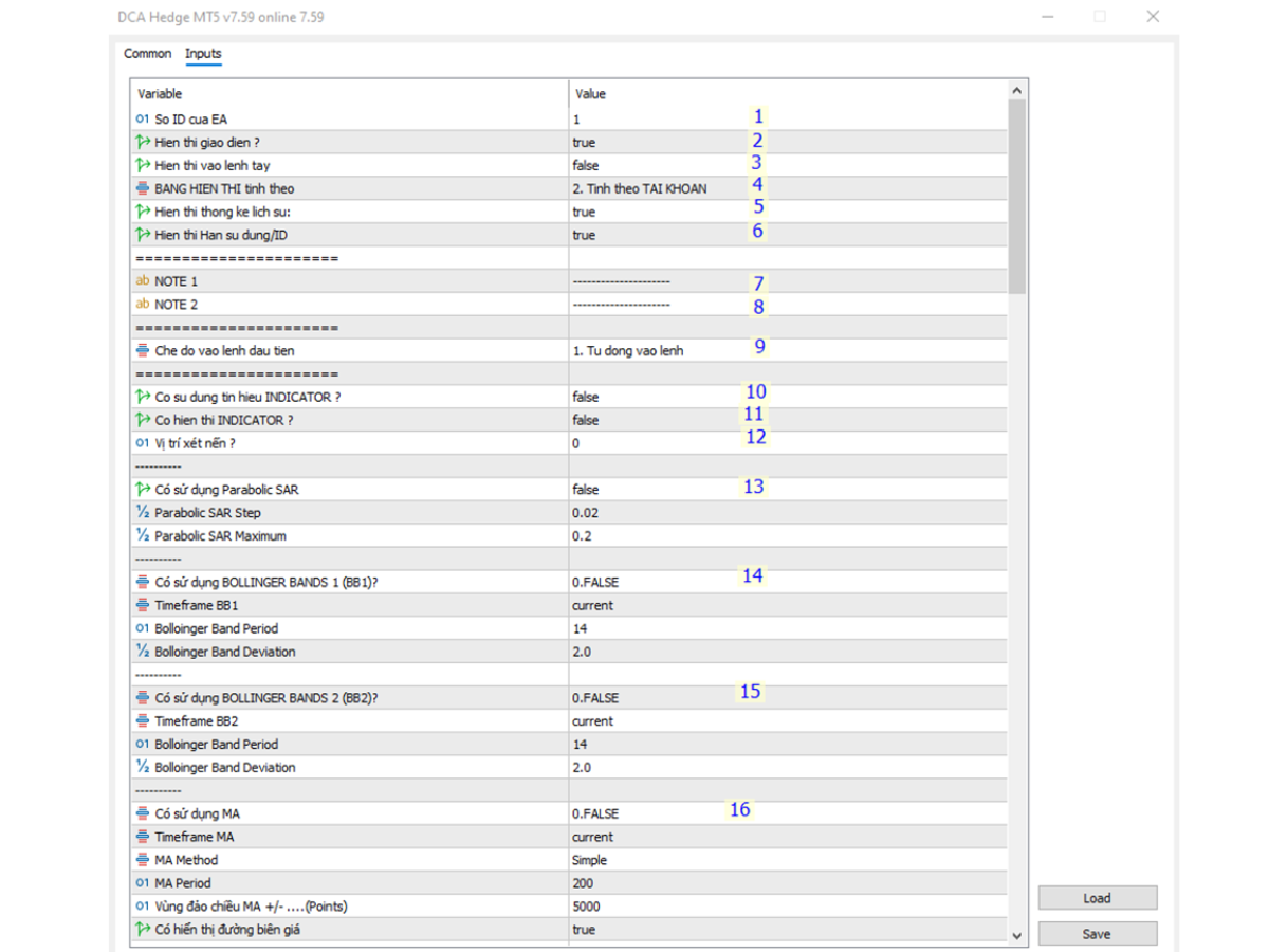 Hạng mục từ 1-16 sử dụng chức năng BOT DCA HEDGE
