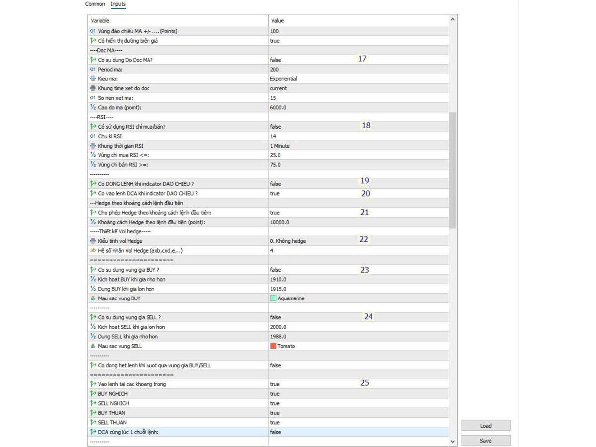 Hạng mục từ 17- 25 sử dụng chức năng BOT DCA HEDGE