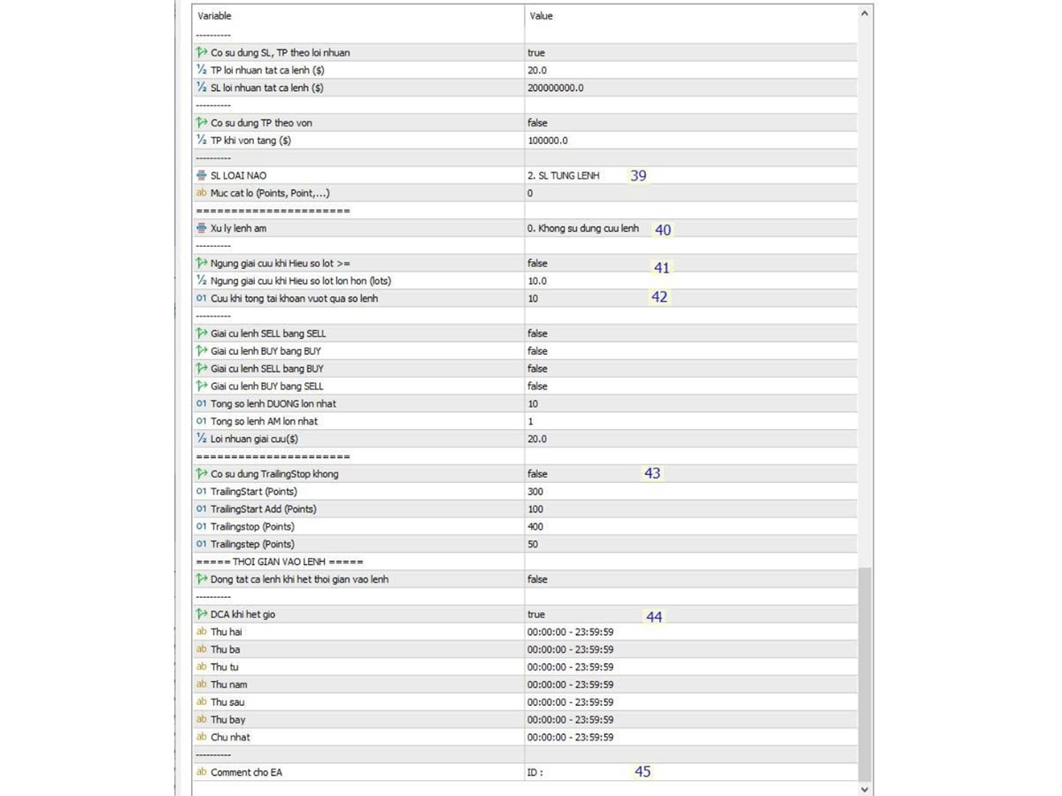 Hạng mục từ 39 - 45 sử dụng chức năng BOT DCA HEDGE